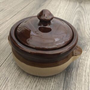 Vintage Stoneware Bean Pot Crock Two Tone Glazed Brown Double Handles Lid Jar